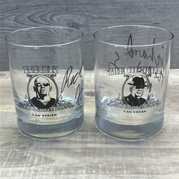 The Old Man and Rick Signed Whiskey Glasses Gold & Silver Pawn Las Vegas NV - Picture 1 of 8